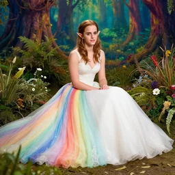 photo of emma watson as an elf wearing a long rainbow wedding gown sitting in a colorful forest
