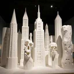 a city made of louise nevelson sculptures of bone, painted white, dramatic lighting, highly detailed