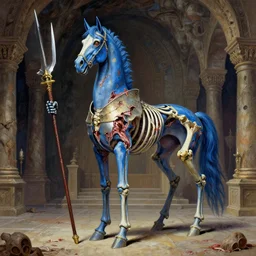 A spiked horse blue skeleton with armored joints stands in a large cavernous throne room with halberd in hand. Massive shoulderplates. Extremely high detail, realistic, fantasy art, solo, masterpiece, bones, ripped flesh, saturated colors, colorful, art by Zdzisław Beksiński, Arthur Rackham, Dariusz Zawadzki, Harry Clarke