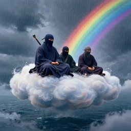 praying ninja monks resting on godlike clouds over stormy waters in rainbows, photorealistic illustration, insanely detailed cloud rendering, cinematic composition