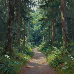 a painting of a one path leading to a mystical forest full of wonders, pine trees, magical atmosphere, trending on artstation, 30mm, by Noah Bradley