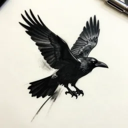 tattoo sketch. black silhouette of a flying raven with paint streaks