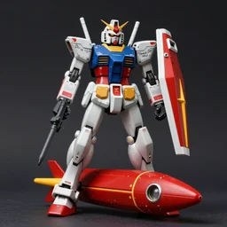 Photo, Nikon, eBay, A Gundam plastic model straddles a red rocket.