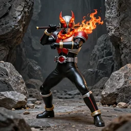 Demonic Samurai Kamen Rider with a flame scarf standing in a rock quarry doing a henshin pose, full body, single character, League of Legends Splash Art, high quality, 4k, concept art, illustration, rubber suit, Arcane style