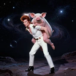 david bowie giving a piggy back ride to ziggy stardust. glam rock. cosmic. syd mead