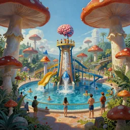 waterpark in a mushroom world painting by brain froud, charles vess, cinematic lighting, epic composition, highly detailed