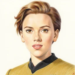 scarlett johansson, starfleet officer, finely illustrated face, highly detailed, colored pencil, studio ghibli, tankobon, in the style of ilya kuvshinov and krenz cushart and william - adolphe bouguereau and alphonse mucha
