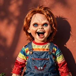 screaming chucky dolls colour photo by weegee, vibrant colours