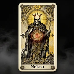king of death, in style of Nekro, in style of Midjourney, tarot card, mandelbulber fractal, insanely detailed and intricate vibrant black line work, golden ratio, elegant, gothic fog, ornate, horror, elite, ominous, haunting, matte painting, cinematic, cgsociety, vivid and vibrant