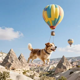 a dog flying in a balloon in cappadocia by greg rutkowski and thomas kinkade, trending on artstation, 3 d art station