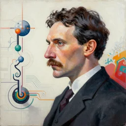 majestic futuristic visionary inventor nikola tesla profile picture by sachin teng and android jones, masterpiece, organic painting, matte painting, technical geometrical drawing shapes, electrical color, hard edges, graffiti, street art by sachin teng