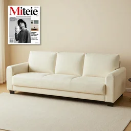 creme colored living room set, furniture magazine, promotional photo