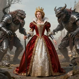 queen isabel dressed as a knight fighting monsters insanely detailed, 8k, trending on artstaion