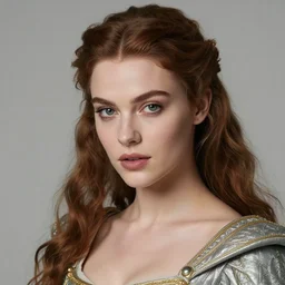a realistic portrait closeup 5 0 mm studio photograph of young and attractive morgan le fay, a powerful and ambiguous enchantress of legend, gazing at the camera in a shamelessly flirtatious way.