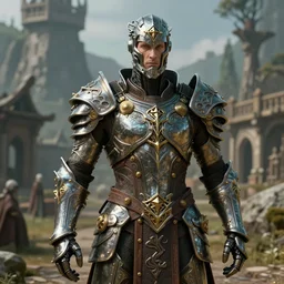 realistic ancient celtic god obsidian metal armor in an ancient village background, futuristic design, designed by makoto kobayashi and luca zampriolo, portrait, cyberpunk style, wood and gold details, intricate, extremely detailed, ornate, deep of field, hard surface, exoskeleton, substance designer metal