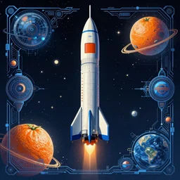 blue v2 rocket in space in tin tin style, fruit orange as a planet, intricate sci-fi poster by Denis Villeneuve