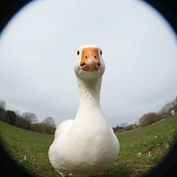goose with its beak right into the camera outdoors, fish eye lens photo, ultra wide angle