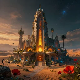 architecture by stanley spencer, myst at dusk biopunk vice city dramatic lighting assassin's creed retro otherworldly fisheye nature landscape at night cgsociety thermal vision scumm bar poppy galactic bioshock magic realism reclaimed by nature architecture island desert, archdaily, wallpaper, highly detailed, trending on artstation.