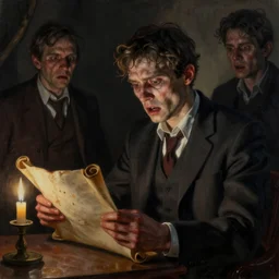 ultra - realistic horrifying painting of a terrified man in a suit reading a dead sea scroll by candlelight, by dave dorman, paul carrick, dark, brooding, volume lighting, atmospheric lighting, painted, intricate, ultra detailed, well composed, best on artstation, cgsociety, epic, stunning, gorgeous, intricate detail, wow, masterpiece
