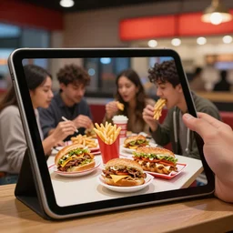 a best fast food in usa, people inside eating meals, midnight, selfie, took on ipad