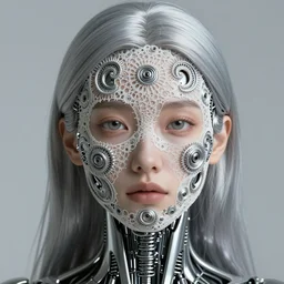 surreal photo portrait of complex biomechanical young female cyborg with a mandelbrot fractal metal fine lace face, silver hair, 1 5 0 mm lens, soft rim light, fine metal floral foliage super big lace collar, alexander mcqueen, high fashion, haute couture, rococo, steampunk, silver filigree details, anatomical, facial muscles, cable wires, microchip, elegant, hyper realistic, octane render, unreal engine, by man ray and dora maar, volumetric lighting, 8 k, vibrant reflective metallic coloring