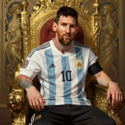 Messi sitting on a majestic throne, closeup, D&D style, fantasy, intricate, elegant, highly detailed, digital painting, artstation, concept art, matte, sharp focus, illustration, art by Artgerm and Greg Rutkowski and Alphonse Mucha