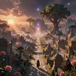 a big and structured landscape of an ancient civilization city with a portal to outer space 4k digital art unreal engine trending on artstation pearly flagstones, giant trees, god rays, bloom, volumetric fog, moody ambiance, cinematic lighting, twilight, sunset, rose and lavender and amber tones, Maxfield Parrish, Brom, Caravaggio, Da Vinci, Rubens, fantasy character, portfolio illustration, highly detailed, trending on Artstation, CGsociety, HQ, 8k, 35mm lens, f2.8, Bokeh
