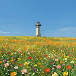 a singular lonely tower in a field of flowers landscape by mike winkelmann, magic realism matte painting, vibrant colors, highly detailed