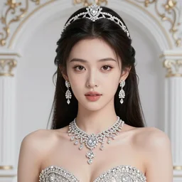 portrait of pretty princess with perfect skin, beauty, glowing, ornate and intricate diamond jewelry, jaw dropping, ornate and intricate backdrop, white accent lighting, hyper detailed, 4 k octane render