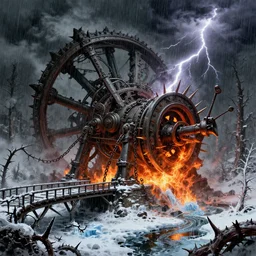 large mechanical device meticulously grinding down the truth and enslaving humanity, overpowering, ominous, torturous, dark, steam, chains, fire, spiked, rain, wet, clouds, lightning, puddles, consuming, parasitic, snow, creek, ice, bridge, forest, thorns, by stanley artgerm lau, greg rutkowski, thomas kindkade, alphonse mucha