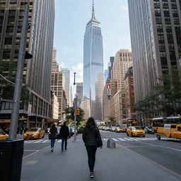surreal mega city from the point of view of a pedestrian
