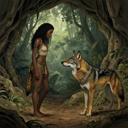 hyper realistic and coherent view of cave interior showing a female african wolf saying good bye to male african wolf, evening in an african rainforest, by artgerm, craig mullins, fantasy, intricate, beautifully detailed line art, digital painting, concept art, artstation, sharp focus, slight depth of field, illustration