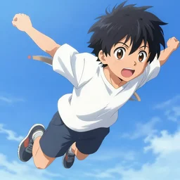 close up of a young anime boy energetically flying in the air, an ultrafine hyperdetailed illustration by akihiko yoshida, makoto shinkai, greg rutkowski, intricate linework, action lines, global illumination, intricate sci fi environment, soft lighting, final fantasy, trending on art station.