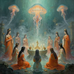 A painting of priestesses worshipping at the jellyfish temple, shrouded in mist, jellyfish god, 8K, illustration, by Justin Cheung and ArtGerm and Stéphane Roux, smoke, cinematic, insanely detailed and intricate, hypermaximalist, elegant, super detailed, award-winning, chartreuse and orange and cyan, mysterious, ancient, ritual, ethereal, trending in cgsociety, artstation HQ, ornate, elite, haunting, matte painting, beautiful detailed, insanely intricate details, artstation trending