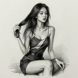 charcoal drawing of a beautiful young supple asian woman sitting and brushing her long hair. wearing trendy fashion,, modern aesthetic, trending on pinterest