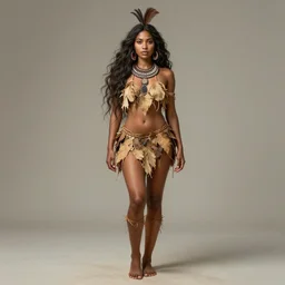 cute aboriginal woman with a beautiful face and eyes, long hair, wearing a dried leaves romper, long legs, fantasy, intricate, full body shot, sexy, highly detailed, digital painting, artstation, concept art, wallpaper, smooth, sharp focus, realistic photo by artgerm and greg rutkowski and alphonse mucha