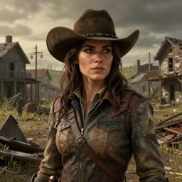 fallout 5, charismatic beautiful, rugged, brunette female protagonist wearing a cowboy - hat, portrait, outdoors ruined rural town environment, atmospheric lighting, painted, intricate, volumetric lighting, beautiful, spring, sharp focus, warm deep colours, ultra detailed, by leesha hannigan, ross tran, thierry doizon, kai carpenter, ignacio fernandez rios