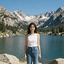 pretty woman standing in front of a beautiful lake in a valley in the sierra nevada mountains,