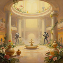 a minimalist oil painting by donato giancola and james gurney, warm coloured, cinematic scifi luxurious futuristic foggy steam filled megalithic garden circular shopping mall interior with microscopy minimalist giant windows flowers growing out of pretty bulbous ceramic fountains, gigantic pillars and flowers, maschinen krieger, beeple, star trek, star wars