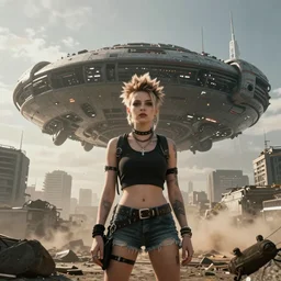a punk girl turns front, big spaceship over city, dust hour, highly detailed, epic, render, unreal engine, in cyberpunk style