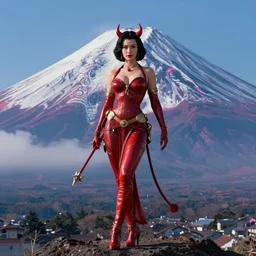 movie still frame, karen fukuhara as devil lady, in full epic pose, a psychedelic mount fuji in the background, intricate details, beautiful composition, 8 k, cgi, by ridley scott, james cameron, zack snyder and michael bay