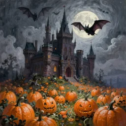 breathtaking detailed soft painting of BAT FLYING OVER dracula's castle, in a landscape of pumpkins field at moonlight with intricate mists, elegant, highly detailed, artstation, concept art, matte, sharp focus, art by Anato Finnstark, Artgerm and Greg Rutkowski