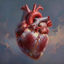 hyper realistic painting of giant human heart floating in the sky