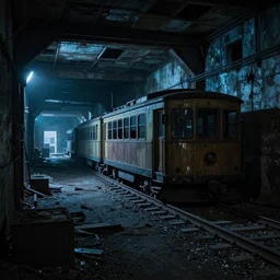 an abandoned mine with rails and a trolley, the walls are lit with a dim blue light, cinematic, cyberpunk, 4k,