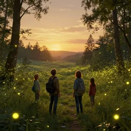 symmetry!! they stared at the fireflies as they filled the scenery, surreal landscape, golden hour, very detailed, perfect composition, perfect lighting, 4 k, trending on artstation, greg rutkowski, derek zabrocki, artgerm, photograph, realistic, octane render, 3 d, blender