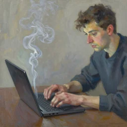 an impressionist oil painting of a human working on the laptop, smoke is coming out of the laptop