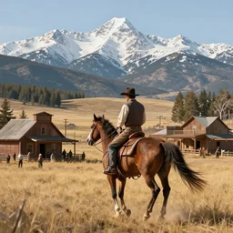 still of a man riding a horse into an old west town surrounded by farmland and woods, snow capped mountains in the background, 4 k, realistic, very beautiful, digital art, elegant, highly detailed