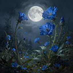 beautiful digital matter cinematic painting of whimsical botanical illustration blue flowers moon and mist enchanted dark background, whimsical scene by greg rutkowki artstation