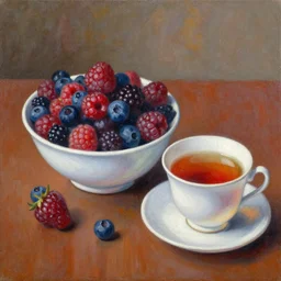 a painting of a bowl of berries and a cup of tea, a still life by juliette wytsman, featured on deviantart, american impressionism, rich color palette, acrylic on canvas