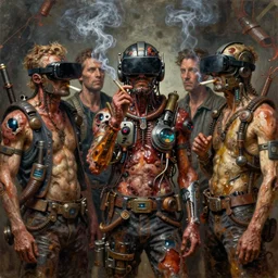 junky men stand fluid oil and smoking cigarette, cybertronic gadgets and vr helmet, flesh + technology, durty colours, rotten textures, rusty shapes, biotechnology, bao phan, norman rockwell, tim hildebrandt, wayne barlow, bruce pennington, larry elmore, oil on canvas, deep depth field, masterpiece, cinematic composition, hyper - detailed, hd, hdr